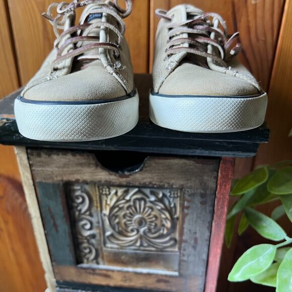 WOMEN'S SPERRY TOP SIDER BOAT SHOES KHAKI CANVAS  LEATHER SHOE STRINGS SZ 7.5 M - Picture 9 of 13